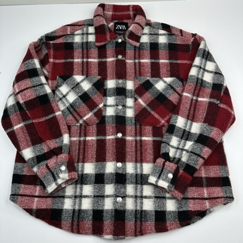 Zara Man Red Plaid Wool Blend Lumberjack Shacket Snap Button Overshirt XS